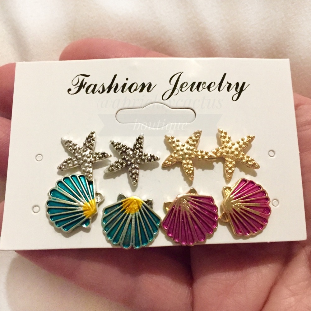 4pk Summer Beach Shell Starfish Earring Set New - Picture 3 of 5